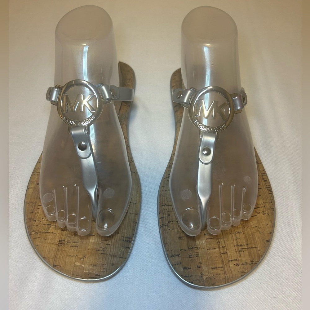Michael Kors Sandals Flip Flop Cork Slides, MK Logo Silver Women’s ,Size 9M
